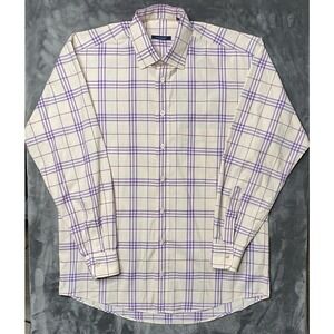 Burberry London Long Sleeve Button Up Shirt Men's Medium Plaid Cream Purple USA